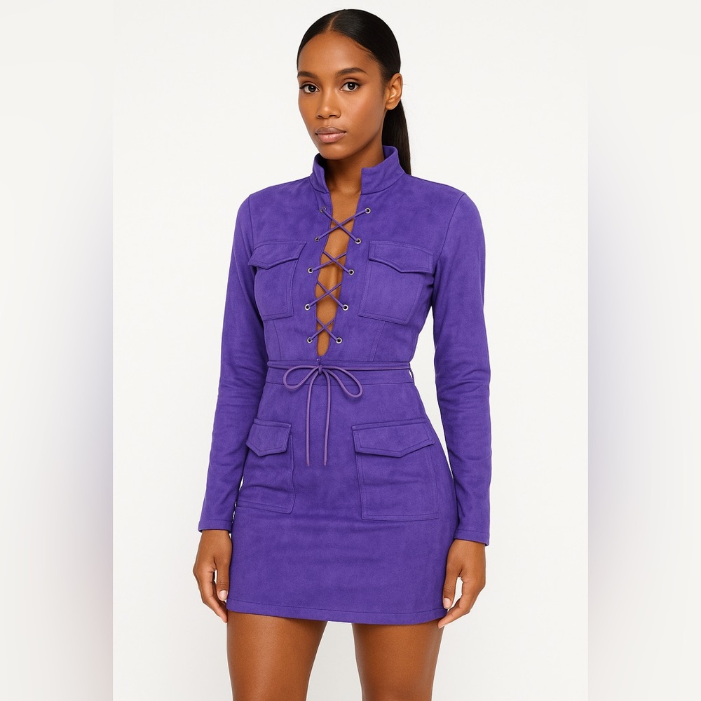 RENDOLL LAGOS Faux Suede Lace Up Sheath Mini Dress Long Sleeve Mock Neck US 6